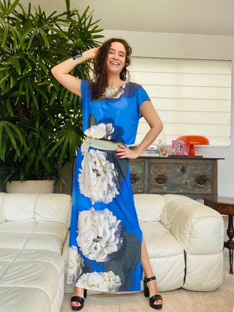 Vestido Kaftan Saia Reta Jersey Hortencia Azul