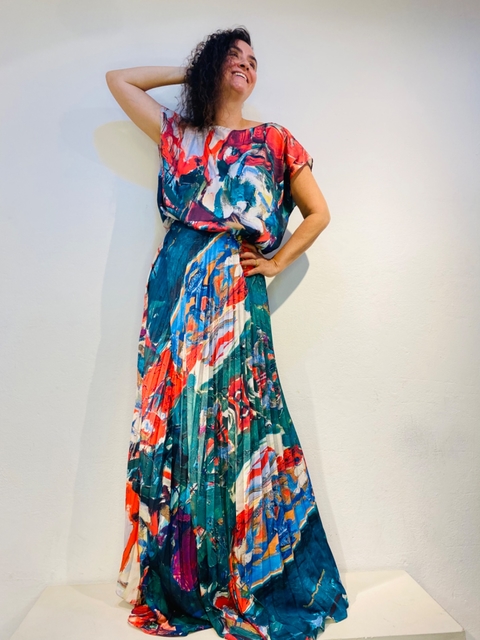 Vestido Kaftan Saia Plissado Longo Crepe Joan Green