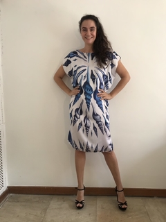 Vestido Curto Kaftan Cetim Conha Azul