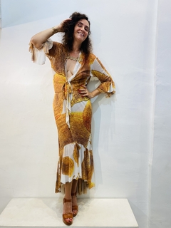 Vestido Frufru Tule Folhas Douradas