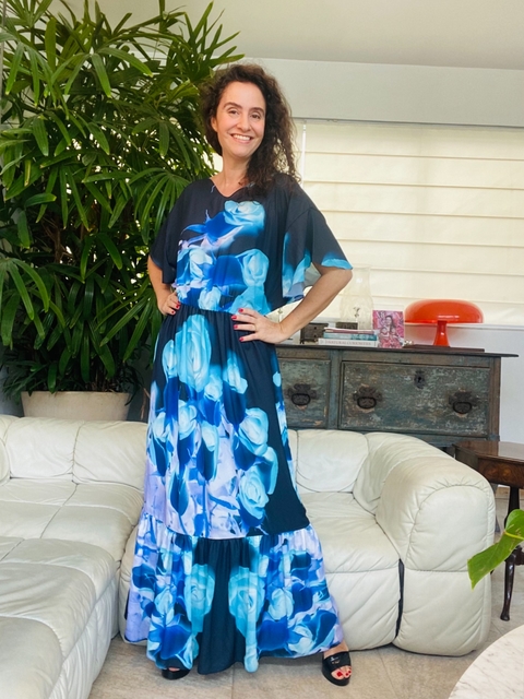 Vestido Asa Babados Longo Crepe Rosa Azul