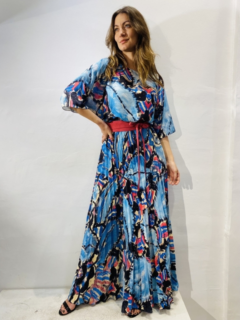 Saia Longa Plissada Crepe Folhagem Azul