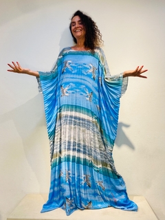 Vestido Plissado Longo Crepe Gaivotas - ALESSA