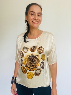 Blusa 3/4 Seda Moedas Branca on internet
