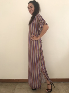 Vestido Longo Asa Cetim Listras Multicoloridas - loja online