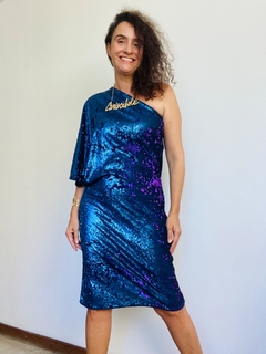 Vestido Morcego Ombro Só Paetê Azulão