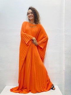 Vestido Maxi Plissado Crepe Laranja