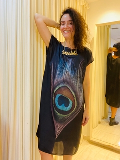 Vestido Kaftan Cetim Pavão Preto - ALESSA