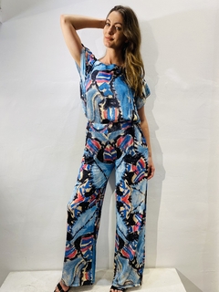 Calça Reta Jersey Folhagem Azul - ALESSA