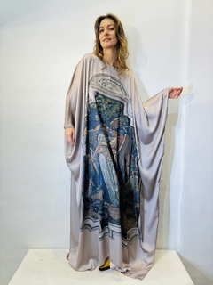 Vestido Maxi Longo Cetim Municipal Mosaico Cinza - ALESSA