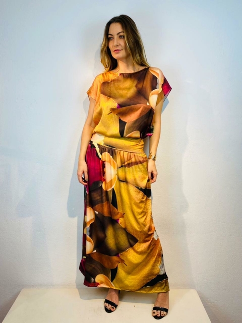 Saia Reta Longa Jersey Orquídea Amarelo
