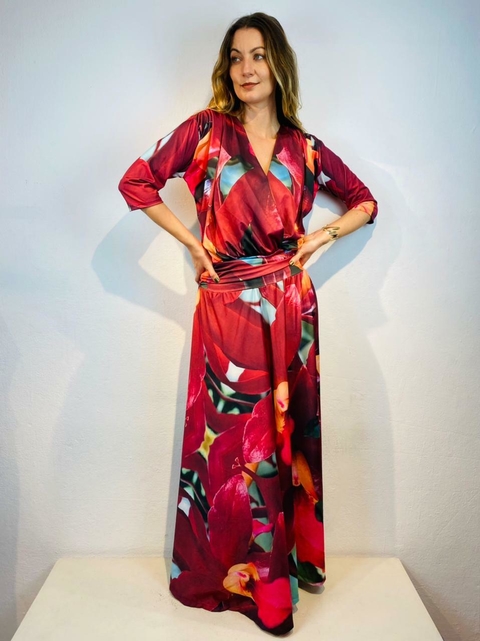 Vestido Sereia Evasê Longo Jersey Orquídea Vermelho