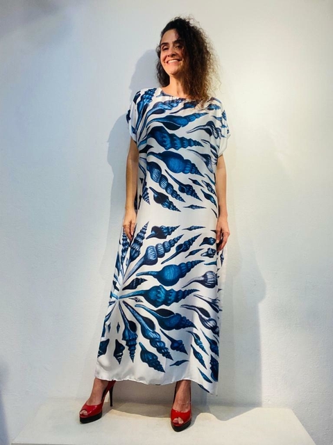 Vestido Amplo Cetim Concha Azul