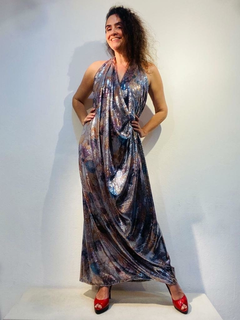 Vestido Longo Gola Baixa Paetê Conchas