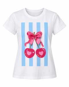 T-SHIRT SUEDE - CEREJA LISTRA AZUL LAÇO
