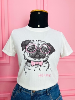 T-shirt Ribana Canelada Hug a Pug (Abrace um Pug)