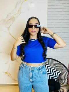 CROPPED CANELADO - AZUL BIC