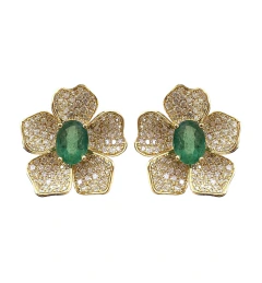 Brinco flor esmeralda brasileira e diamante