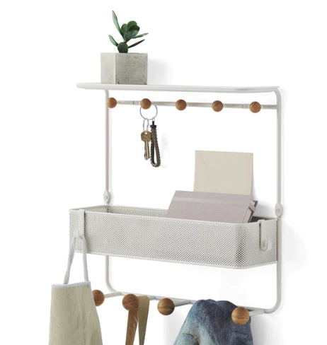 Porta chave com prateleira Estique Branco com madeira natural Umbra