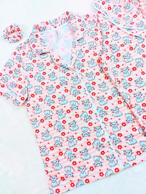 Pijama Americano Gatinho Longo Manga Curta