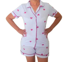 Pijama Americano Curto Branco Coração Vinho - Annafour