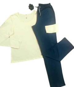 Pijama Feminino Longo Off White Blue. na internet