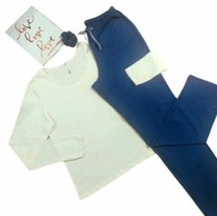 Pijama Feminino Longo Off White Blue.