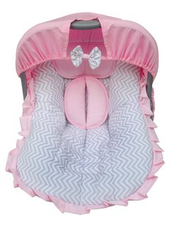 Capa de Bebê Conforto Chevron cinza com rosa+Capota+Protetor de cinto e cabeça