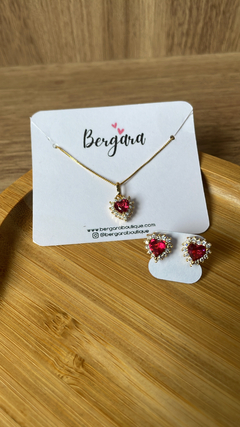 Conjunto Brinco E Colar Coração Rubi Banhada a Ouro 18K - Semijoias - comprar online