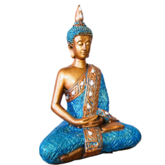 Estátua de Buda Tibetano de 20cm em resina, com detalhes em azul e dourado, representando meditação e serenidade.