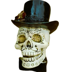 Transforme seu espaço com a Caveira Crânio I cartola com rosas. Escultura única em resina, ideal para ambientes alternativos. Adquira já a sua!