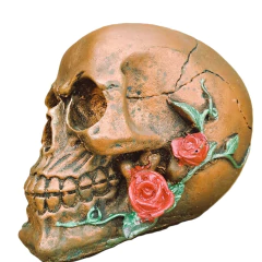 junte estilo com a Caveira Cranio I em resina, decorada com rosas vermelhas. Peça exclusiva e artesanal, perfeita para ambientes alternativos. Compre já!