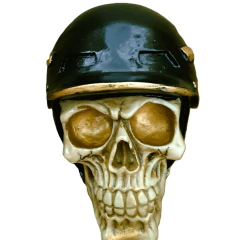 Transforme sua decoração com a Caveira Cranio I Ciclista. Feita à mão em resina, perfeita para amantes do ciclismo. Adquira já a sua!