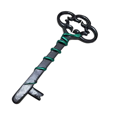 Chave decorativa preta com cobra verde enrolada, símbolo de Hécate, usada em rituais de bruxaria e wicca