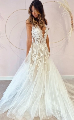 Vestido noiva boho chic princesa transparente tule bordado forro nude