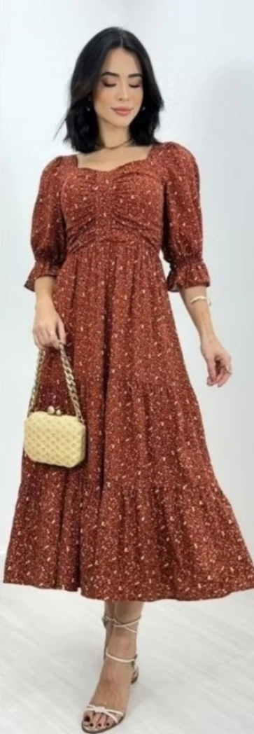 Vestido Longuete Florido - Terracota - Moda Evangélica