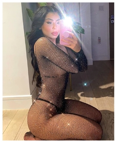 Macacão Strass Manga Longa Preto