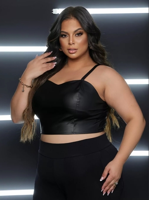 Top Cropped Plus Size Couro Ecológico 46/48 Preto