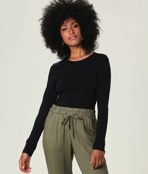 Blusa Manga Longa Cotton Gola Redonda Preta GG (44) Malwee