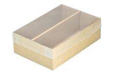 Embalagem para taça de champanhe Kraft com berço e tampa transparente.