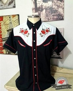 Camisa Western Bordado Flores Masculina - manga curta