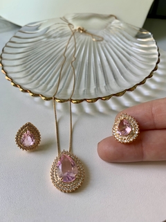 Conjunto colar e brincos Gota Rube cravejado de zirconias - CONJ0586LD - Usitar Adornos de Luxo
