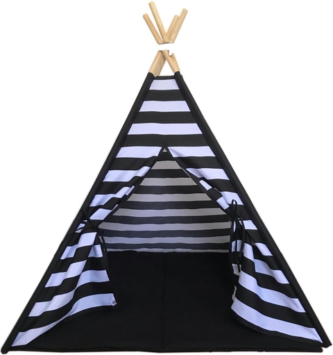 KIT MAX : Cabana infantil listrado P&B + janelas + tapete acolchoado preto 135x110x110cm