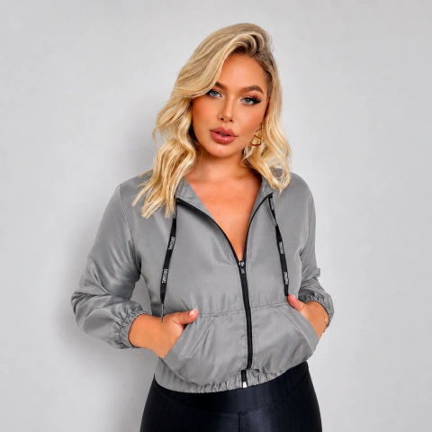 Jaqueta Corta Vento Feminina Cropped Cinza GG com Capuz e Zíper
