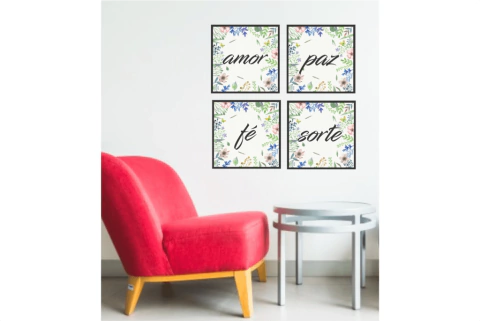 quadro decorativo moldura laqueada com vidro Fé-Amor-Paz-Sorte