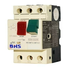 Disjuntor Motor BHS BDM-G216 com botões de parada e partida, mostrando conexões elétricas.