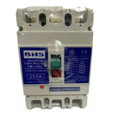 Disjuntor Caixa Moldada Tripolar BHS FM1-250L-140, modelo 250A, com capacidade de interrupção de até 50kA.