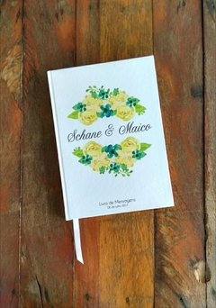 Livro de Mensagens personalizado com nome dos Noivos e Flores Amarelas