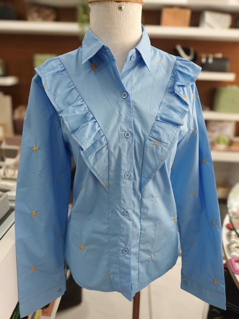 Camisete Decote Babado - Azul Bordado