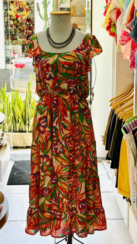 Vestido Alça Babado - Laranja Estampando